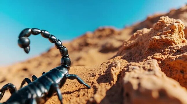 Scorpion poised beneath desert sun, shadowed by ancient rocky silence