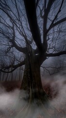 A solitary tree stands in a foggy winter forest, its branches dusted with frost under a cold, blue night sky