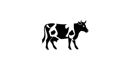 Simple black and white graphic illustration of a cow standing on a white background.