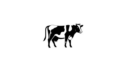 A black and white illustration of a cow standing, showing its udder and horns.