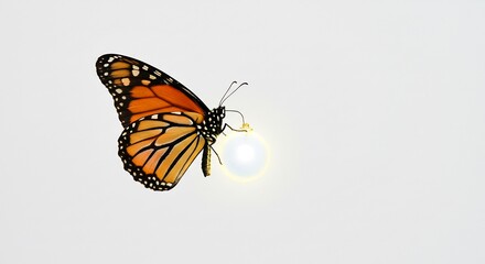 Fototapeta premium Papillon monarque vole gracieusement lumiere douce fond blanc. AI Generated