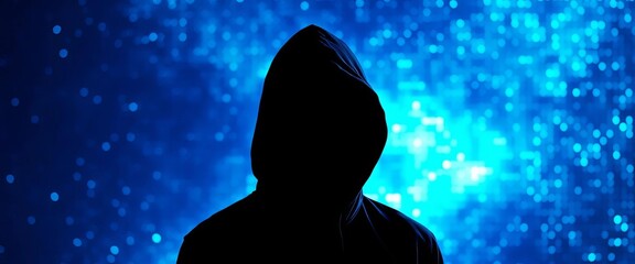 Dark hooded figure silhouette against vibrant blue holographic pixel background,  dark,  information security