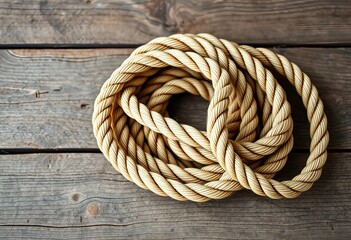 Obraz premium Thick ship rope coiled on weathered wood background, texture background, dark brown