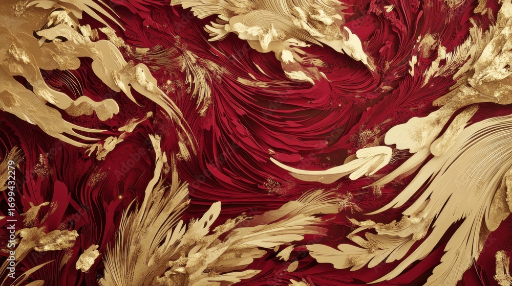 Poster abstract artistic background in red and gold with fluid forms and elegant textures for modern design