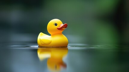Bright Yellow Rubber Duck Floating Calmly in Serene Water with Reflective Surface and Nature Background