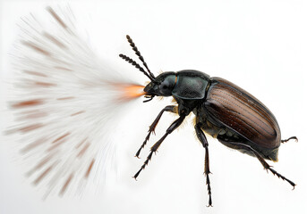 Detailed shot of a darkling beetle defensively ejecting a chemical spray, showcasing its unique defense mechanism and intricate anatomy against a clean white background.
