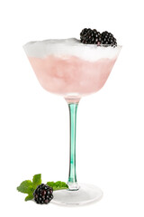 Tasty cool blackberry lemonade isolated on white background, closeup