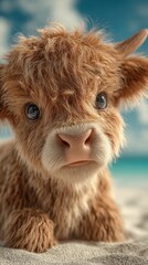 Fototapeta premium Cute young calf with fluffy fur resting on sandy beach during bright sunny day against blue sky
