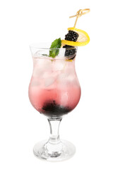 Glass with tasty cool blackberry lemonade isolated on white background, closeup