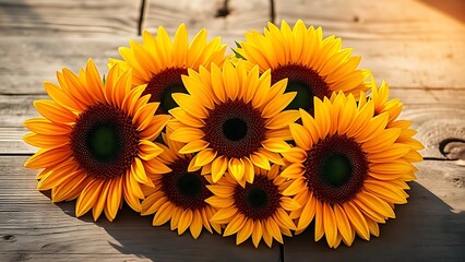 Fototapeta premium Vibrant sunflowers on a rustic wooden surface, bathed in warm natural sunlight with a soft blurred background.