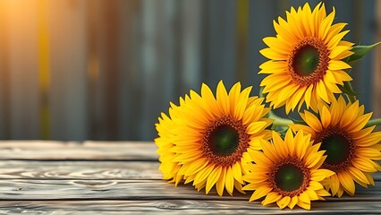 Sunflowers on a rustic wooden surface with warm golden tones and natural sunlight.
