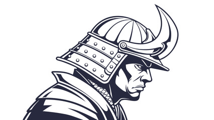 Illustration of a samurai warrior with a horned helmet in black and white profile view, detailed armor