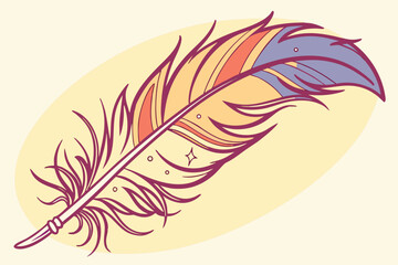 A colorful feather with intricate details against a light yellow oval background art design style