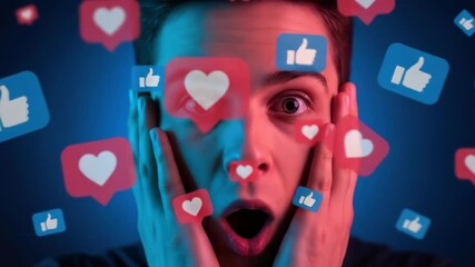 Viral Fame! Young Man Overwhelmed by Likes & Hearts, Neon Social Media Explosion - Powered by Adobe