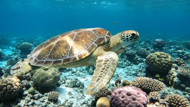 A beautiful sea turtle gracefully swimming underwater above a vibrant colorful coral reef ecosystem