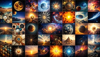 Cosmic Kaleidoscope: A Diverse Collage of Planets, Nebulae, and Abstract Space Art