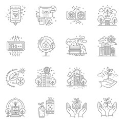 Collection of sixteen minimalist line art icons depicting smart city, nature, and sustainability concepts, ideal for eco-friendly projects and websites.