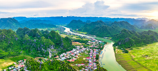 Aerial view of Phong Nha in Northern Vietnam. Phong Nha is home to the world's largest cave, Hang...