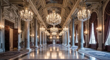 Ornate Hallway with Marble Columns and Crystal Chandeliers