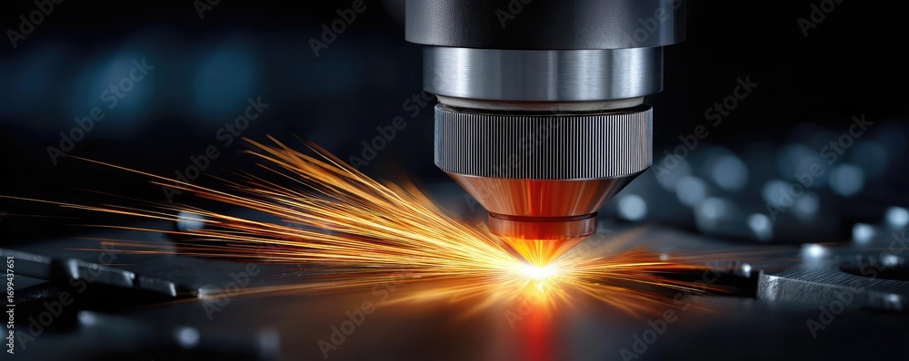 Poster metal laser cutting machine creating sparks concept. laser cutting process creating sparks and preci