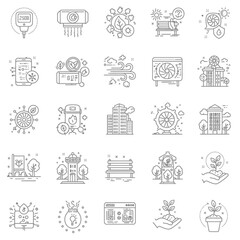 Collection of modern line art icons representing environmental sustainability, smart cities, and healthy living concepts for digital design.