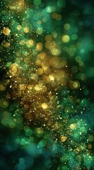 Abstract golden and green bokeh background with sparkling lights creating a festive atmosphere for celebration events