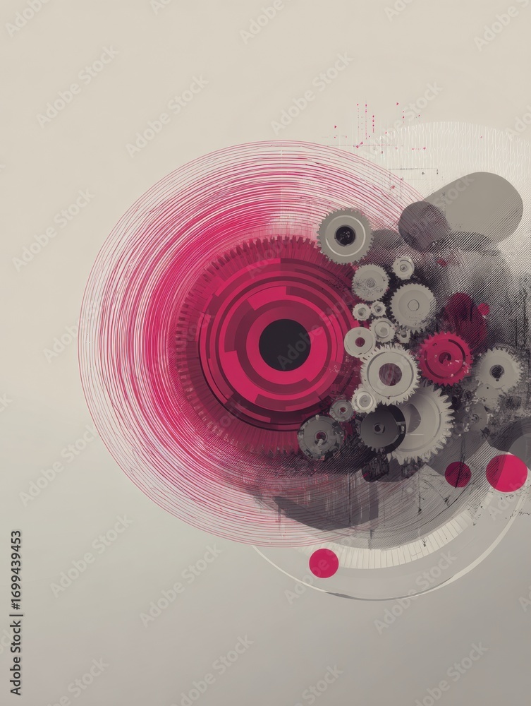 Poster abstract design featuring interlocking gears and vibrant circular patterns in red and gray tones on 