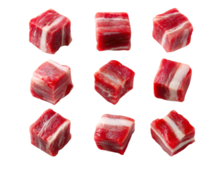 A collection of fresh, cubed beef cuts displayed on a clean surface, showcasing rich marbling and vibrant color for culinary inspiration.