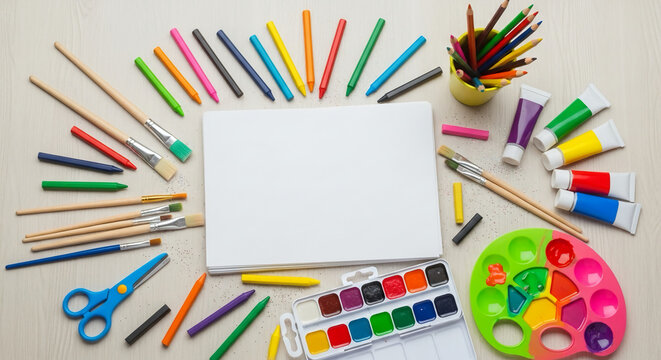 Celebrate Happy World Teachers Day Creative Art Supplies on a Wooden Table, Ready for Inspiration! - Powered by Adobe