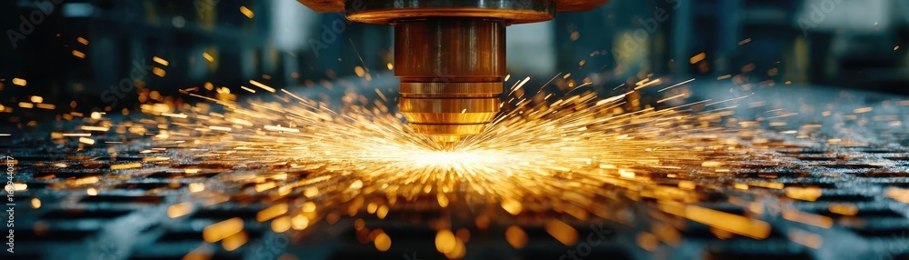 Poster metal laser cutting machine creating sparks concept. close-up of a laser cutting machine creating sp