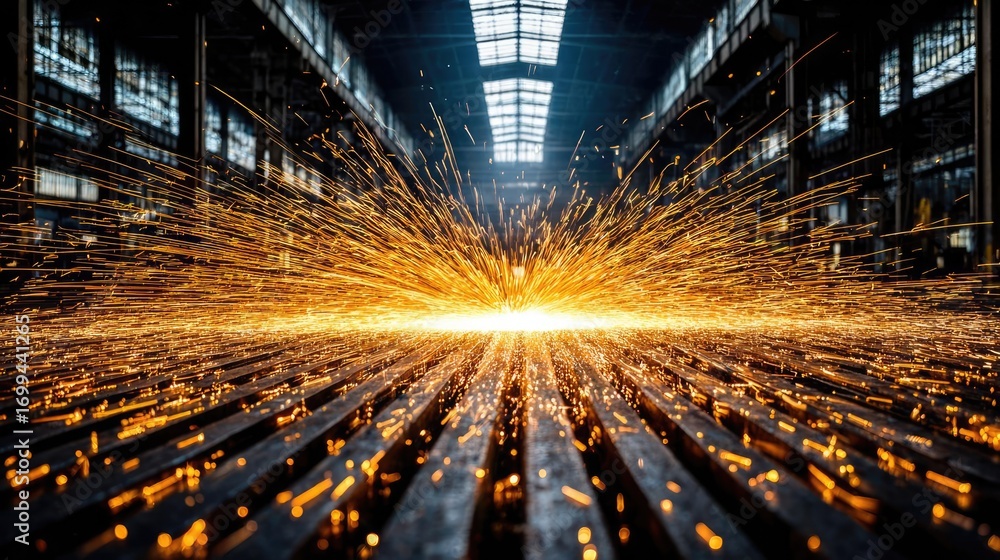 Poster metal laser cutting machine creating sparks concept. a dynamic scene capturing sparks flying in an i