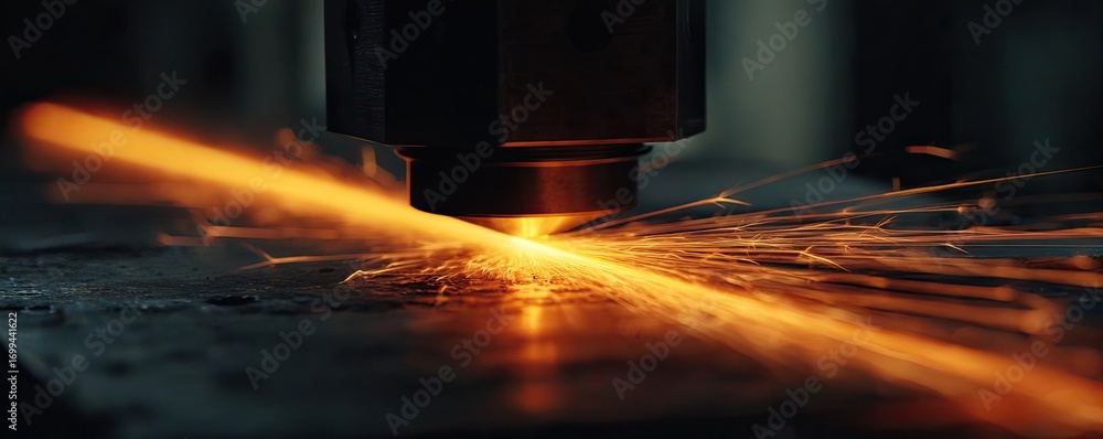 Poster metal laser cutting machine creating sparks concept. close-up of a laser cutting through metal surfa