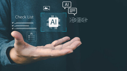 A person's hand presents a holographic interface displaying artificial intelligence concepts like a...