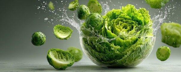 Obraz premium Fresh salad with mixed vegetables falling in bowl concept. Fresh lettuce splashing in water, showcasing vibrant green colors.