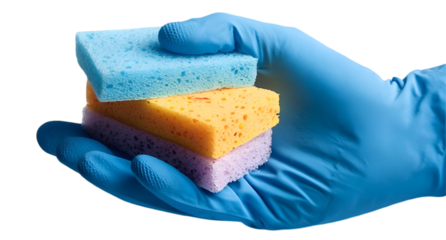 A hand wearing a blue glove holds three colorful cleaning sponges, ideal for various cleaning tasks. Bright and vibrant sponges for efficient household use.