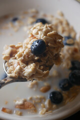 Breakfast bowl of oatmeal with fresh blueberries and nuts