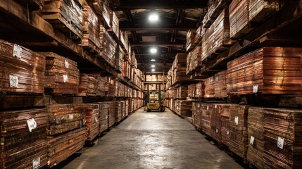 Fototapeta premium Warehouse storage of copper sheets industrial facility high-volume inventory interior view