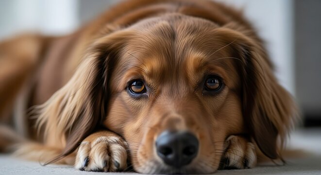 A close-up portrait of a sad-eyed golden retriever dog lying on the floor with its head resting on its paws.