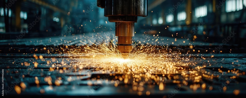 Poster metal laser cutting machine creating sparks concept. close-up of industrial machine creating sparks 