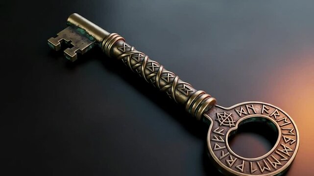 An ancient ornate key with runic inscriptions unlocks mystery and discovery.