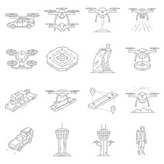 A collection of line art icons illustrating various drone applications, aerial surveillance, and modern technology concepts for graphic design.