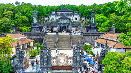 Aerial view of the beautiful Royal Tomb of Khai Dinh King, Hue city, Vietnam. The most beautiful tomb of the kings. A UNESCO World Heritage Site © huythoai