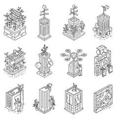 This illustrative set features isometric line art icons showcasing sustainable city concepts, smart building designs, and eco-friendly urban development.