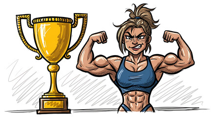 A cartoon illustration of a muscular woman flexing her biceps next to a golden trophy, signifying victory and achievement.