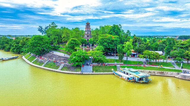 Aerial view of Thien Mu Pagoda is one of the ancient pagoda in Hue city, Vietnam. It is located on the banks of the Perfume River in Vietnam's historic city of Hue.