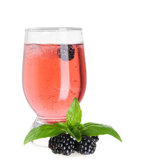 Glass with tasty cool blackberry lemonade isolated on white background, closeup