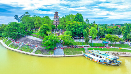 Aerial view of Thien Mu Pagoda is one of the ancient pagoda in Hue city, Vietnam. It is located on the banks of the Perfume River in Vietnam's historic city of Hue.