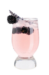 Glass with tasty blackberry lemonade isolated on white background, closeup
