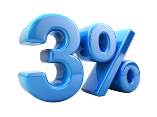 3d icon of three percent sign isolated on transparent background, blue glossy 3d rendering