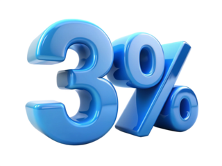 3d icon of three percent sign isolated on transparent background, blue glossy 3d rendering